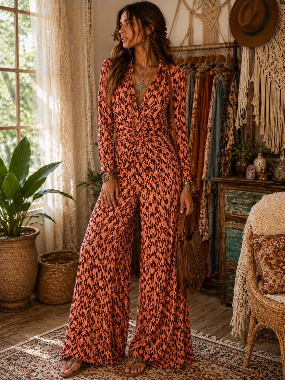 Free People Rust Leopard-Print Twist Front Wide-Leg Jumpsuit